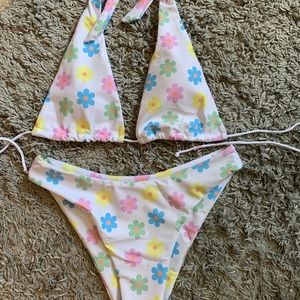 White Multi-Colored Flower Halter Bikini